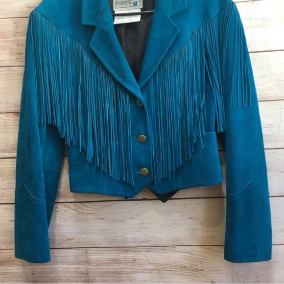 VINTAGE PIONEER WEAR GENUINE LEATHER FRINGE JACKET IN DEEP TEAL - Picture 3 of 16